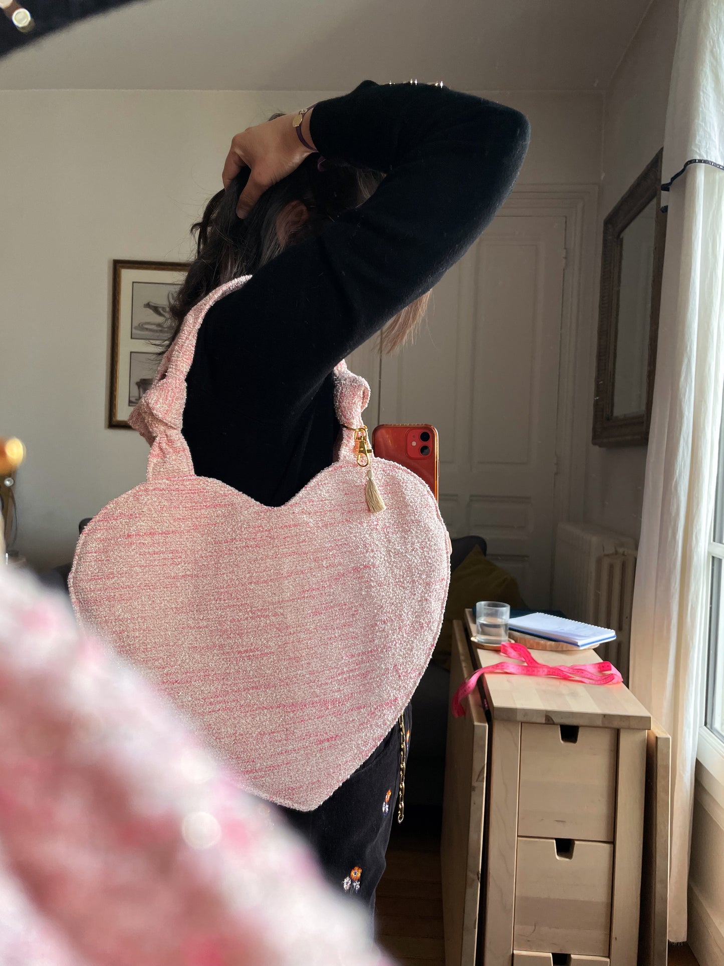 đź’– Le petit COEUR (avec noeud) en tweed- upcycling Haute couture